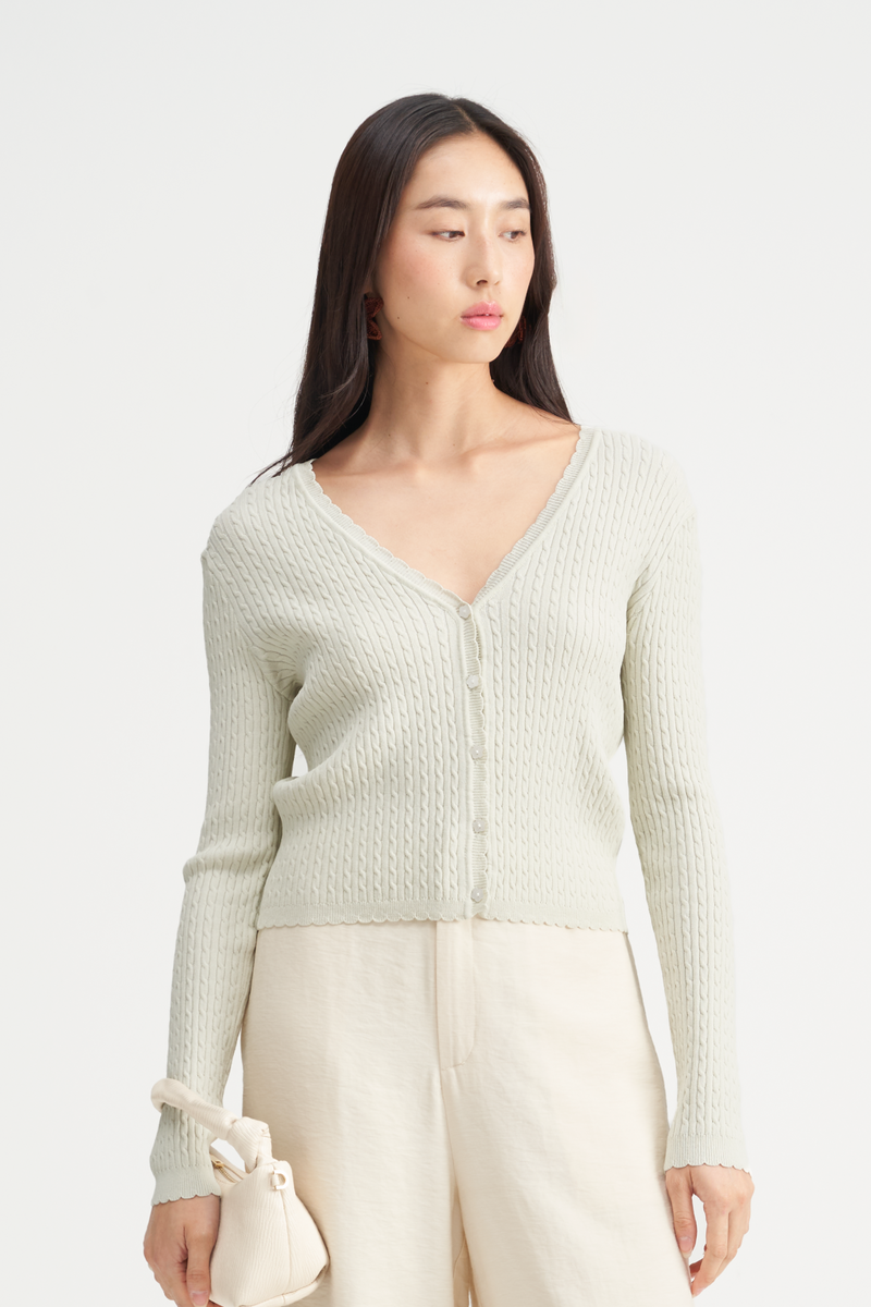 Lisette Stretch V-Neck Cardigan in Applemint Green – Y21