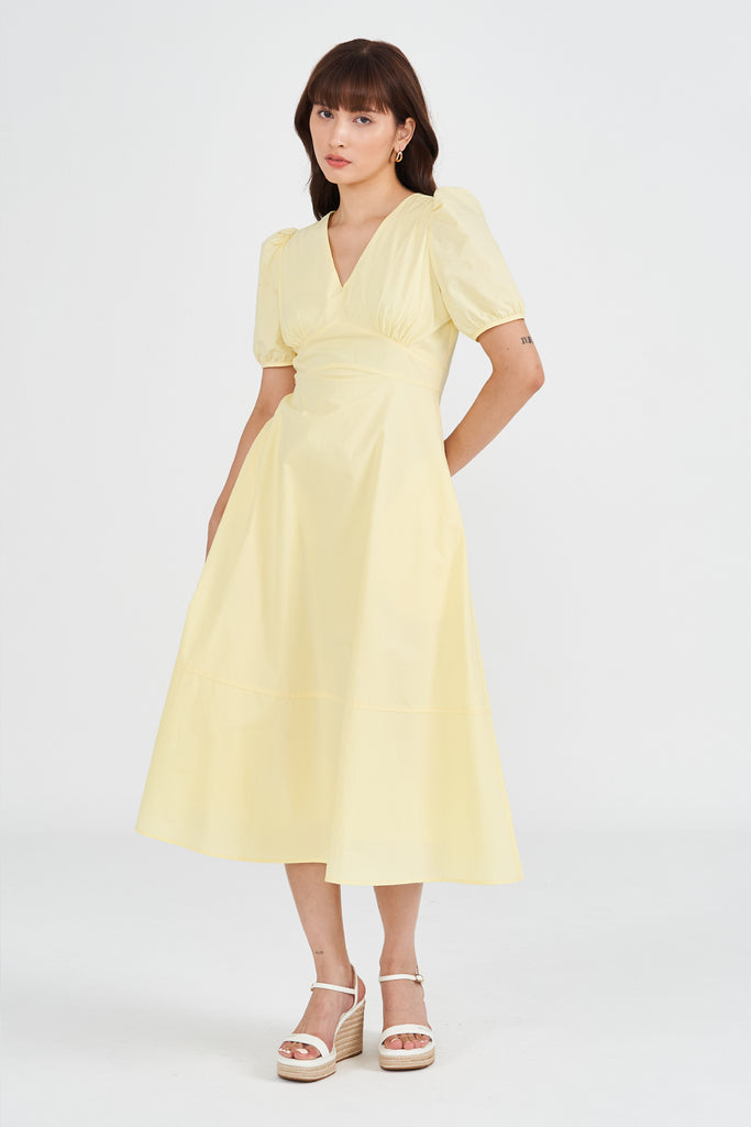 Yacht21, Yacht 21, yacht21, yacht 21, Y21, y21, womenswear, ladieswear, ladies, fashion, clothing, the cotton edit, vacation, holiday, occasion, versatile, comfortable, elegant, feminine, sweet, classic, dress, long dress, midaxi dress, lightweight, breathable, cotton, pockets, sleeves, spring, pink, blue, yellow, Marabelle Cotton Midaxi Dress in Pastel Yellow