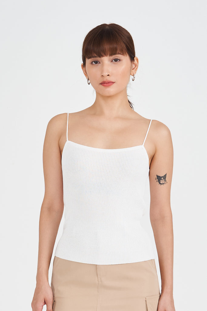 Yacht21, Yacht 21, yacht21, yacht 21, Y21, y21, womenswear, ladieswear, ladies, fashion, clothing, urban resort, casual, easy, versatile, comfortable, classic, basic, top, cotton blend, sleeveless, staple, classic, minimal, simple, styling, strap top, strap, knit, ribbed, white, Lany Ribbed Camisole Top in White