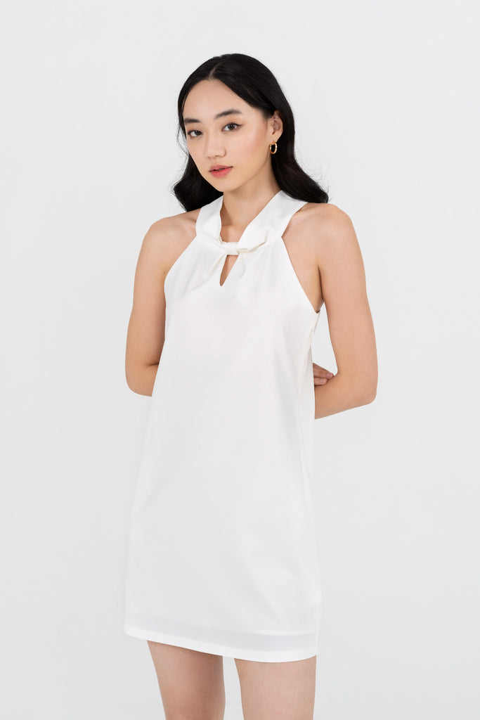 Yacht21, Yacht 21, yacht21, yacht 21, Y21, y21, womenswear, ladieswear, ladies, fashion, clothing, fuss-free, low ironing, wrinkle resistant, easy, versatile, simple, minimal, comfortable, occasion, dress, short dress, sleeveless, white, Marjorie Halter Neck Dress in Pearl White