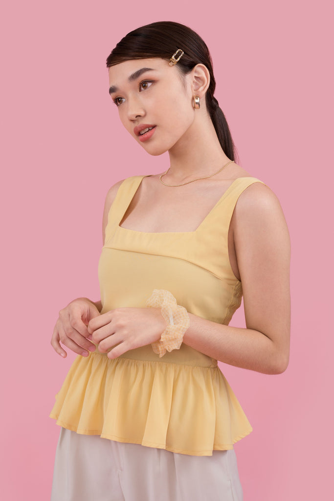 Lisa Ruffle Top in yellow , green , purple - yacht 21 - women ladies clothing fashion - sleeveless , pastel colours , pastel yellow, pastel purple , pastel green , peplum top , ruffles , basic top , blouse , casual , work wear , urban resort wear , Y21 , y21 , local brand , vacay, vacation , summer , holiday , versatile , wrinkle free , fuss free , low ironing
