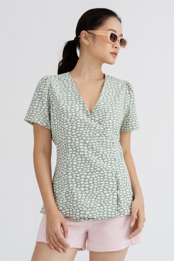Yacht21, Yacht 21, yacht21, yacht 21, Y21, y21, womenswear, ladieswear, ladies, fashion, clothing, fuss-free, low ironing, casual, easy, versatile, comfortable, sleeves, print, pattern, airy, light, lightweight, top, polyester, green, Shanice Printed V-Neck Top