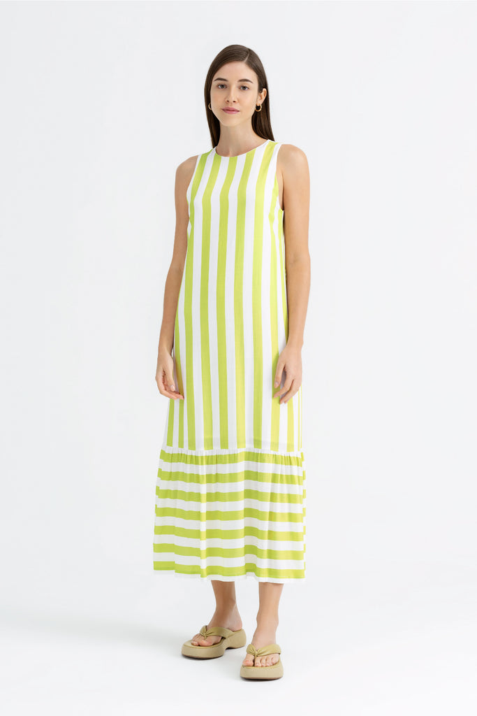 Yacht21, Yacht 21, yacht21, yacht 21, Y21, y21, womenswear, ladieswear, ladies, fashion, clothing, fuss-free, low ironing, casual, easy, versatile, comfortable, sleeveless, maxi dress, maxi, dress, staple, striped, simple, tiered, green, Blythe Vertical Wide-Striped Maxi Dress in Chartreuse Green