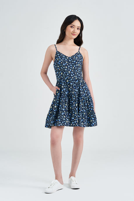 Yacht21, Yacht 21, yacht21, yacht 21, Y21, y21, womenswear, ladieswear, ladies, fashion, clothing, the vacation shop, vacation, holiday, fuss-free, low ironing, casual, delicate, easy, versatile, comfortable, feminine, sweet, floral, print, pattern, airy, light, lightweight, dress, short dress, mini, mini dress, sleeveless, straps, simple, navy blue, summer, Addison Strap Tiered Short Dress
