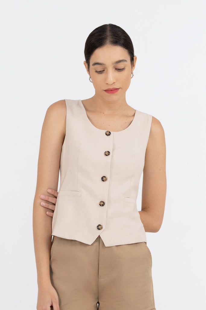 Yacht21, Yacht 21, yacht21, yacht 21, Y21, y21, womenswear, ladieswear, ladies, fashion, clothing, fuss-free, low ironing, casual, easy, versatile, comfortable, classic, basic, top, sleeveless, staple, classic, minimal, simple, vest, styling, beige, button, Samira Button Down Vest Top