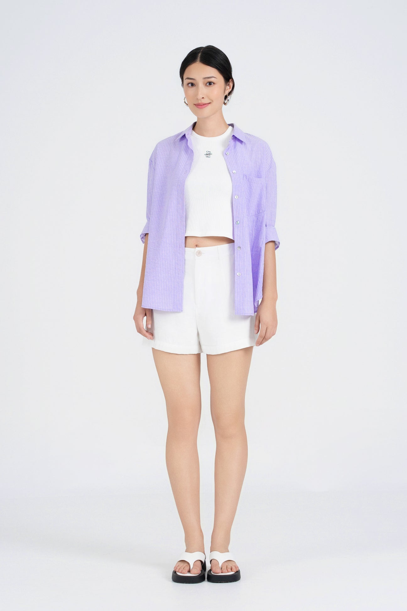 Yacht21, Yacht 21, yacht21, yacht 21, Y21, y21, womenswear, ladieswear, ladies, fashion, clothing, top, long sleeves, shirt, drop shoulder, button down front, essential, versatile, classic, timeless, minimalistic, contemporary, relaxed, purple, Elwyn Relaxed Button Down Shirt in Light Purple