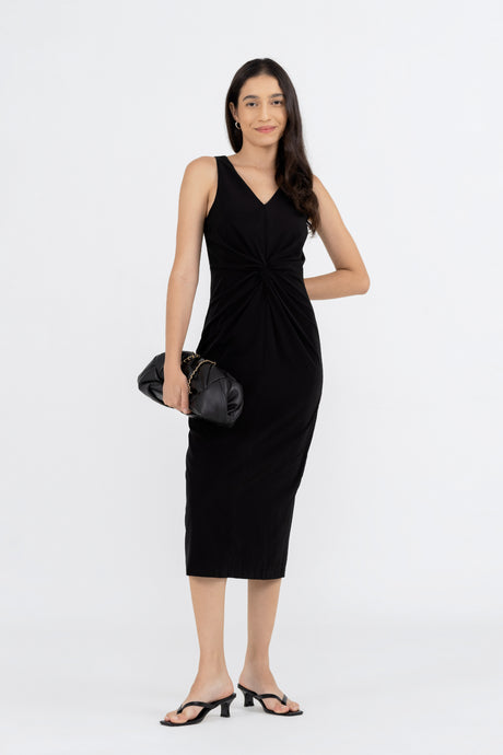 Yacht21, Yacht 21, yacht21, yacht 21, Y21, y21, womenswear, ladieswear, ladies, fashion, clothing, fuss-free, low ironing, wrinkle resistant, easy, versatile, simple, minimal, comfortable, dress, midi, midi dress, gathered, sleeveless, polyester, black, Andrea Twist Front Midi Dress