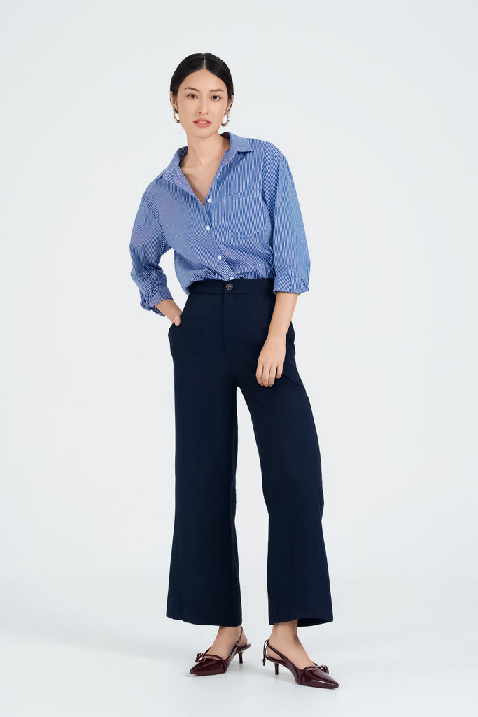 Yacht21, Yacht 21, yacht21, yacht 21, Y21, y21, womenswear, ladieswear, ladies, fashion, clothing, seasonless staples, workwear, fuss-free, low ironing, casual, easy, versatile, comfortable, classic, basic, pants, bottoms, easy to match, matching set, pockets, straight leg, navy blue, Dakota Straight Leg Pants in Midnight Blue