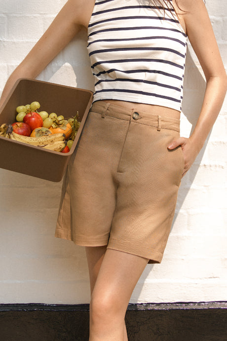 Yacht21, Yacht 21, yacht21, yacht 21, Y21, y21, womenswear, ladieswear, ladies, fashion, clothing, cotton, casual, easy, versatile, comfortable, basic, staple, simple, bottoms, shorts, summer, mid-waist, easy to match, pockets, brown, black, Abby Cotton Bermuda Shorts in Tan Brown