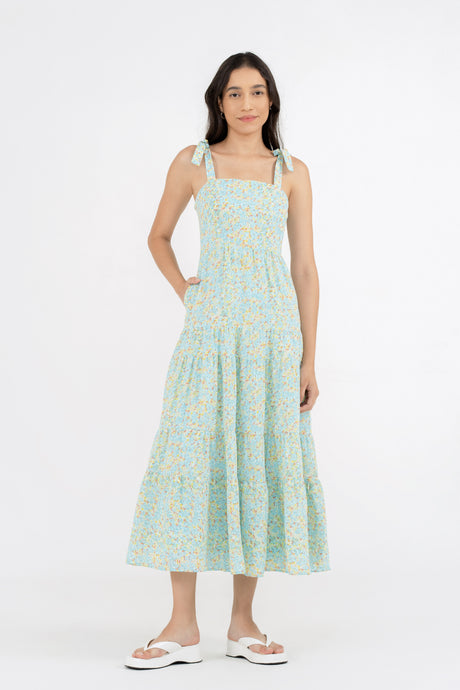Yacht21, Yacht 21, yacht21, yacht 21, Y21, y21, womenswear, ladieswear, ladies, fashion, clothing, fuss-free, low ironing, wrinkle resistant, casual, easy, versatile, comfortable, prints, printed, pattern, flora, elegant, feminine, sweet, summer, dress, midi dress, midi, delicate, ribbon straps, sleeveless, blue, Breia Tie Shoulder Printed Dress
