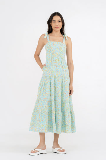 Yacht21, Yacht 21, yacht21, yacht 21, Y21, y21, womenswear, ladieswear, ladies, fashion, clothing, fuss-free, low ironing, wrinkle resistant, casual, easy, versatile, comfortable, prints, printed, pattern, flora, elegant, feminine, sweet, summer, dress, midi dress, midi, delicate, ribbon straps, sleeveless, blue, Breia Tie Shoulder Printed Dress
