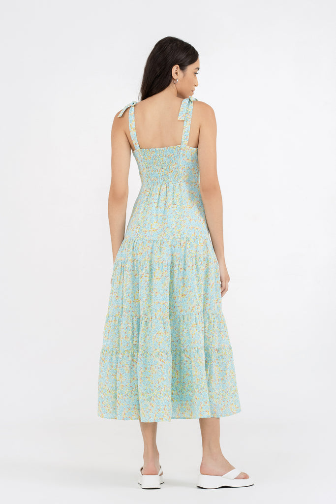 Yacht21, Yacht 21, yacht21, yacht 21, Y21, y21, womenswear, ladieswear, ladies, fashion, clothing, fuss-free, low ironing, wrinkle resistant, casual, easy, versatile, comfortable, prints, printed, pattern, flora, elegant, feminine, sweet, summer, dress, midi dress, midi, delicate, ribbon straps, sleeveless, blue, Breia Tie Shoulder Printed Dress