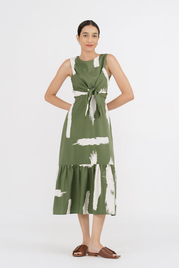 Yacht21, Yacht 21, yacht21, yacht 21, Y21, y21, womenswear, ladieswear, ladies, fashion, clothing, fuss-free, low ironing, wrinkle resistant, occasion, easy, versatile, simple, printed, patterned, comfortable, feminine, dress, midi, midi dress, sleeveless, green, black, Jayde Front Tie Patterned Dress in Harmony Green