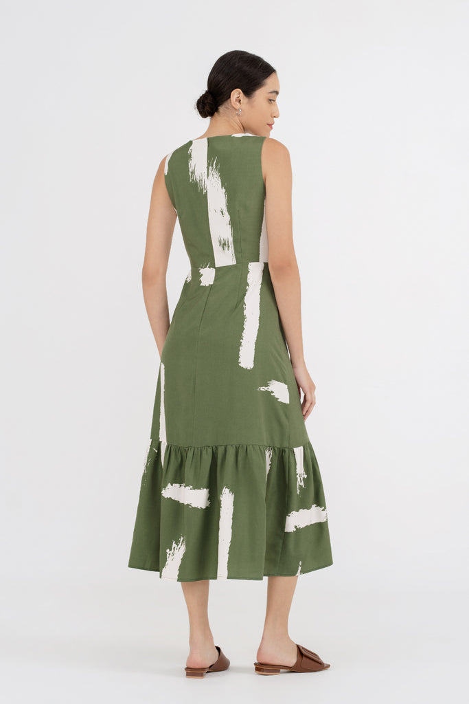 Yacht21, Yacht 21, yacht21, yacht 21, Y21, y21, womenswear, ladieswear, ladies, fashion, clothing, fuss-free, low ironing, wrinkle resistant, occasion, easy, versatile, simple, printed, patterned, comfortable, feminine, dress, midi, midi dress, sleeveless, green, black, Jayde Front Tie Patterned Dress in Harmony Green