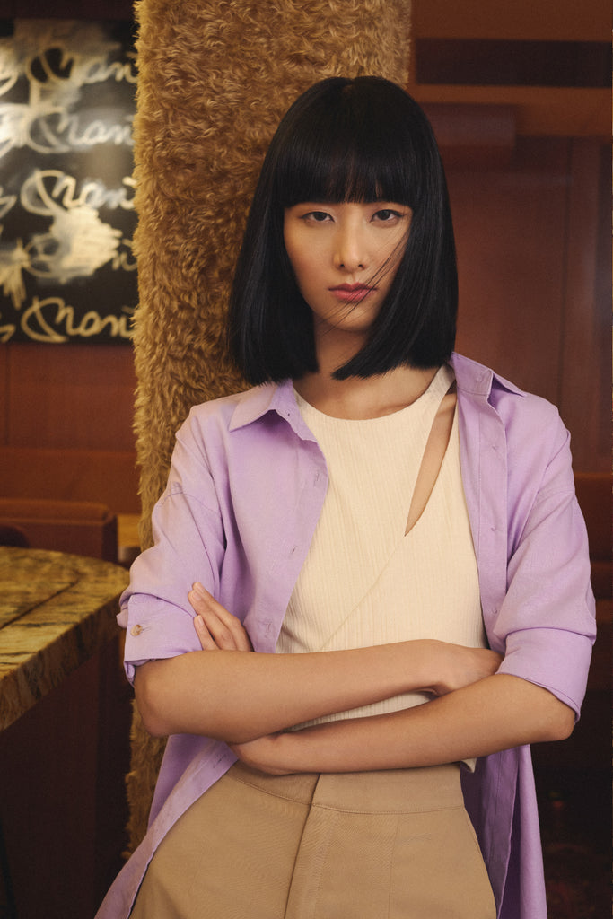 Yacht21, Yacht 21, yacht21, yacht 21, Y21, y21, Grey Evolution, The Modern Muse, collaboration, womenswear, ladieswear, ladies, fashion, clothing, clothes, casual, easy, versatile, classic, basic, staple, simple, minimal, comfortable, knitwear, cut-out, top, sleeveless, black, purple, beige, Joan Cut Out Fitted Knit Top in Lilac Purple