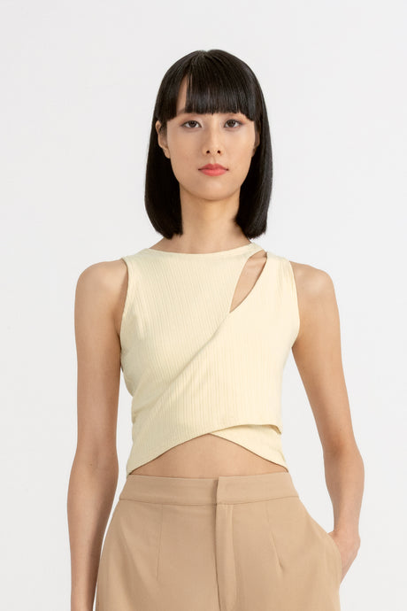 Yacht21, Yacht 21, yacht21, yacht 21, Y21, y21, Grey Evolution, The Modern Muse, collaboration, womenswear, ladieswear, ladies, fashion, clothing, clothes, casual, easy, versatile, classic, basic, staple, simple, minimal, comfortable, knitwear, cut-out, top, sleeveless, black, purple, beige, Joan Cut Out Fitted Knit Top in Ivory Beige