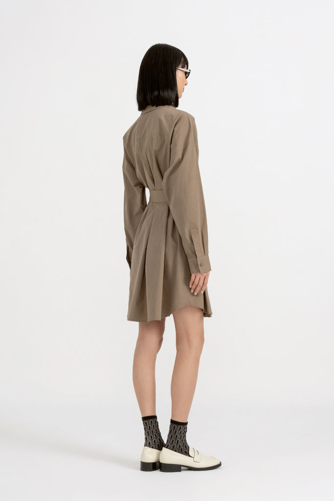 Yacht21, Yacht 21, yacht21, yacht 21, Y21, y21, Grey Evolution, The Modern Muse, collaboration, womenswear, ladieswear, ladies, fashion, clothing, lightweight, cotton, casual, easy, versatile, comfortable, sleeves, knee length, dress, shirt dress, cool, style, pockets, button down, collar, belt, green, purple, Maeve Button Down Shirt Dress in Olive Green