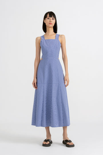 Yacht21, Yacht 21, yacht21, yacht 21, Y21, y21, womenswear, ladieswear, ladies, fashion, clothing, urban resort, vacation, casual, easy, versatile, comfortable, classic, basic, cotton, sleeveless, staple, feminine, elegant, classic, minimal, simple, dress, midi dress, cut out, stripe, blue, Niamh Cut Out Midi Dress