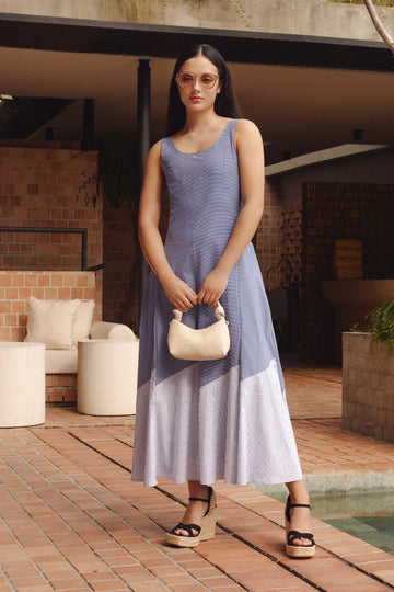 Yacht21, Yacht 21, yacht21, yacht 21, Y21, y21, womenswear, ladieswear, ladies, fashion, clothing, urban resort, vacation, casual, easy, versatile, comfortable, classic, basic, cotton, sleeveless, staple, classic, minimal, simple, dress, midi dress, styling, stripe, blue, panel, Saoirse Contrast Panel Stripe Dress