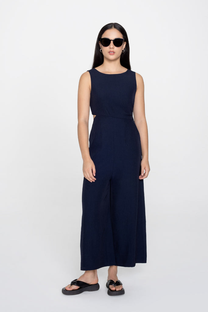Yacht21, Yacht 21, yacht21, yacht 21, Y21, y21, womenswear, ladieswear, ladies, fashion, clothing, urban resort, workwear, fuss-free, low ironing, casual, easy, versatile, comfortable, occasion, sleeveless, staple, classic, minimal, simple, cut out, details, jumpsuit, pockets, navy blue, Renata Cut Out Jumpsuit