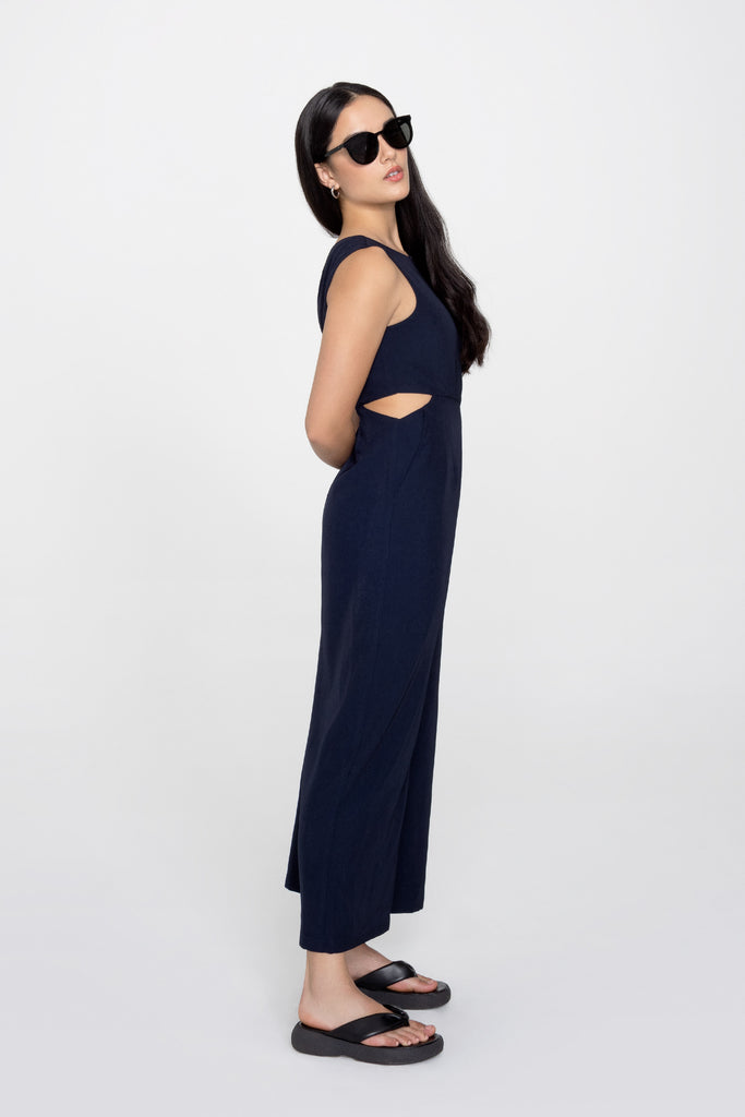 Yacht21, Yacht 21, yacht21, yacht 21, Y21, y21, womenswear, ladieswear, ladies, fashion, clothing, urban resort, workwear, fuss-free, low ironing, casual, easy, versatile, comfortable, occasion, sleeveless, staple, classic, minimal, simple, cut out, details, jumpsuit, pockets, navy blue, Renata Cut Out Jumpsuit