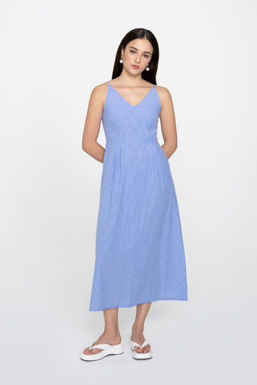 Yacht21, Yacht 21, yacht21, yacht 21, Y21, y21, womenswear, ladieswear, ladies, fashion, clothing, urban resort, vacation, casual, easy, versatile, comfortable, classic, basic, cotton, occasion, sleeves, staple, feminine, minimal, classic, adjustable straps, strapped, shirt dress, striped, stripe, dress, midi, midi dress, blue, Monique Strap Midi Dress