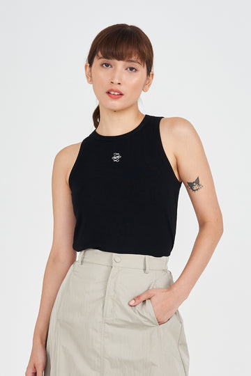 Yacht21, Yacht 21, yacht21, yacht 21, Y21, y21, womenswear, ladieswear, ladies, fashion, clothing, urban resort, casual, easy, versatile, comfortable, classic, basic, top, cotton blend, sleeveless, staple, classic, minimal, simple, halter, styling, tank top, logo, black, Gabby Racer Tank Top in Black