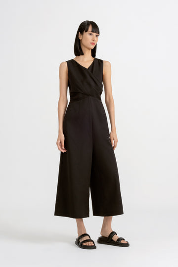 Yacht21, Yacht 21, yacht21, yacht 21, Y21, y21, womenswear, ladieswear, ladies, fashion, clothing, urban resort, workwear, fuss-free, low ironing, casual, easy, versatile, comfortable, occasion, sleeveless, staple, classic, minimal, simple, wrap front, self-tie, pockets, jumpsuit, black, Gaelle Wrap Front Jumpsuit