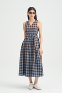 Ryn Asymmetrical Waist Plaid Midi Dress