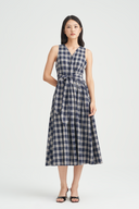 Ryn Asymmetrical Waist Plaid Midi Dress