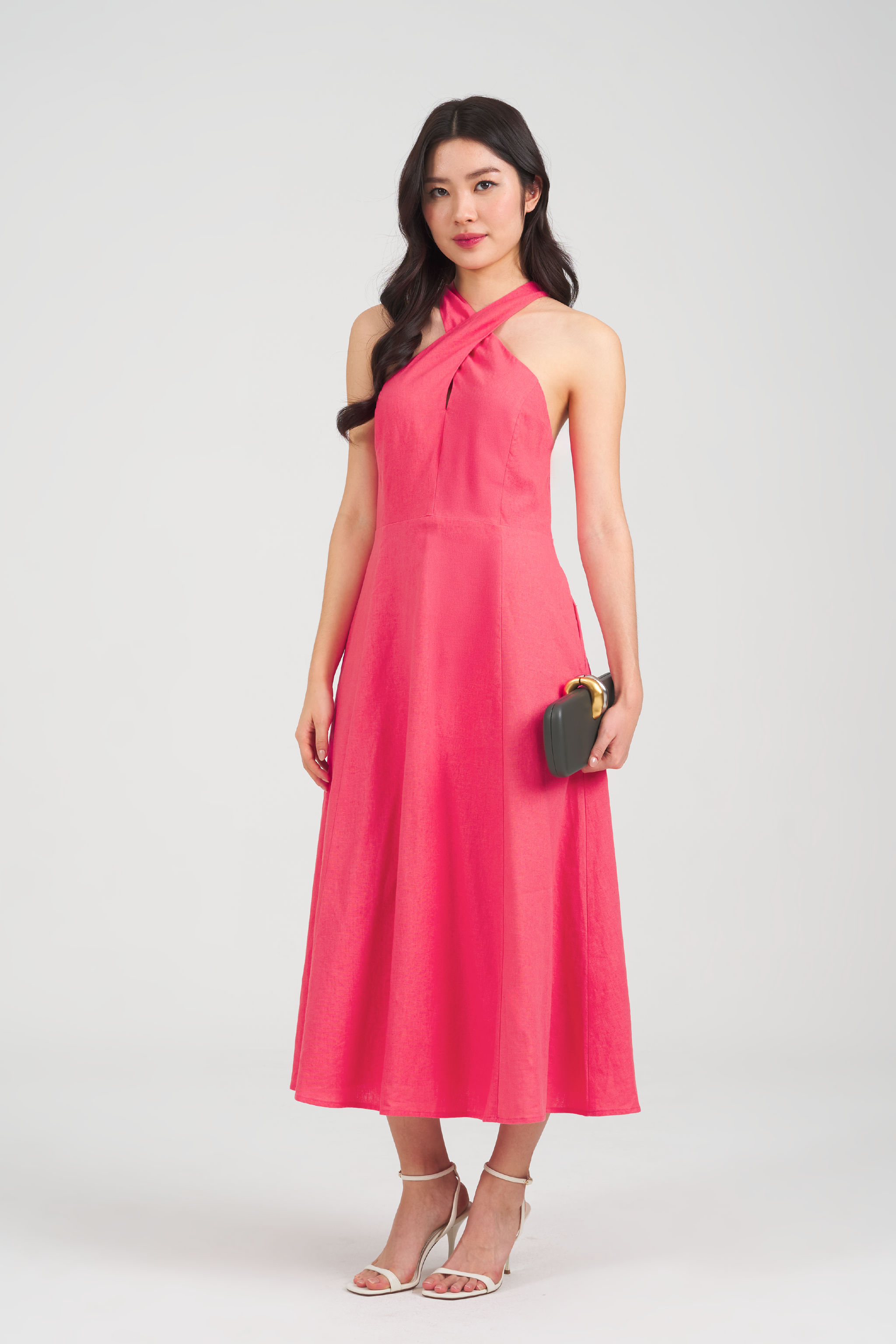 green emerald velvet dress Ruffle-Trim Halterneck Gown in Soft Pink - 8