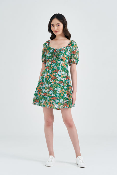 Yacht21, Yacht 21, yacht21, yacht 21, Y21, y21, womenswear, ladieswear, ladies, fashion, clothing, the vacation shop, vacation, holiday, occasion, versatile, comfortable, elegant, feminine, sweet, classic, dress, short dress, mini dress,  fuss-free, low ironing, ruched, floral, pattern, print, sleeves, summer, green, Meadow Puff Sleeve Mini Dress