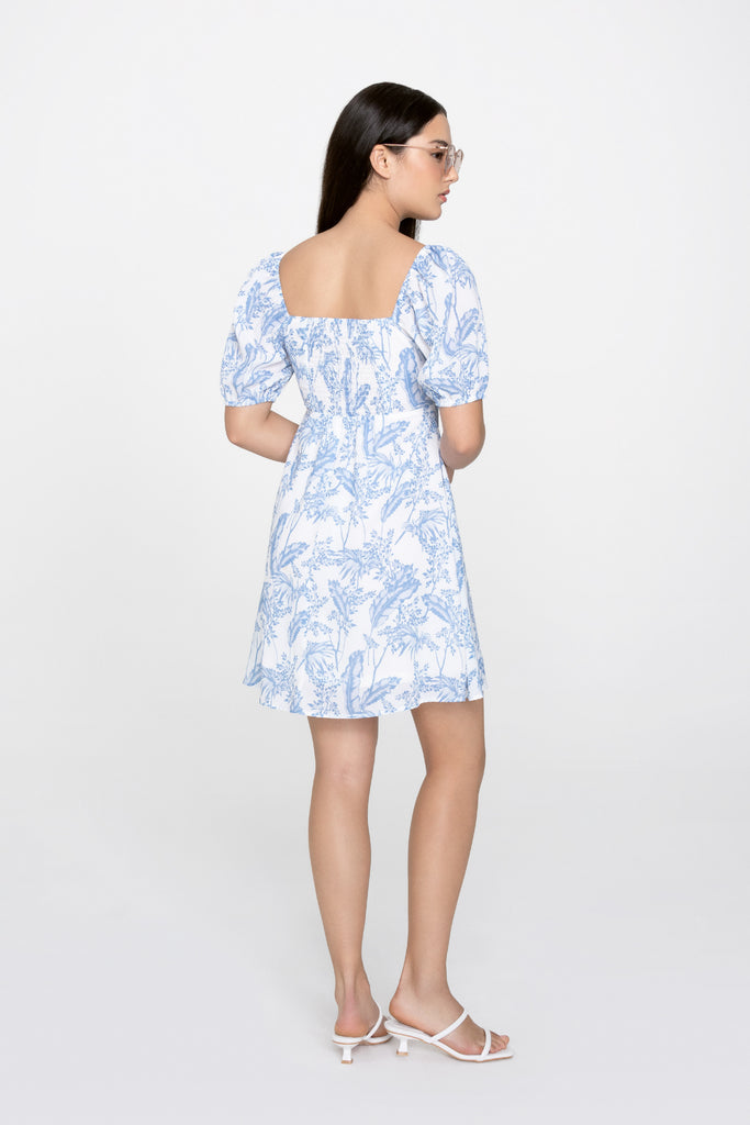 Yacht21, Yacht 21, yacht21, yacht 21, Y21, y21, womenswear, ladieswear, ladies, fashion, clothing, urban resort, vacation, occasion, versatile, comfortable, elegant, feminine, classic, dress, short dress, fuss-free, low ironing, floral, pattern, print, sleeves, summer, white, Malena Puff Sleeve Mini Dress