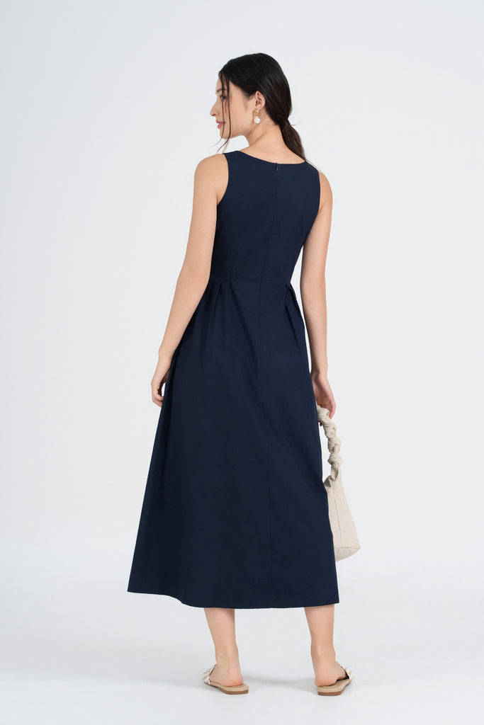 Yacht21, Yacht 21, yacht21, yacht 21, Y21, y21, womenswear, ladieswear, ladies, fashion, clothing, the cotton edit, vacation, holiday, occasion, versatile, comfortable, elegant, feminine, sweet, classic, dress, long dress, midi dress, lightweight, breathable, cotton, pockets, sleeveless, spring, navy blue, Abigail Cotton Midi Dress in Serene Blue