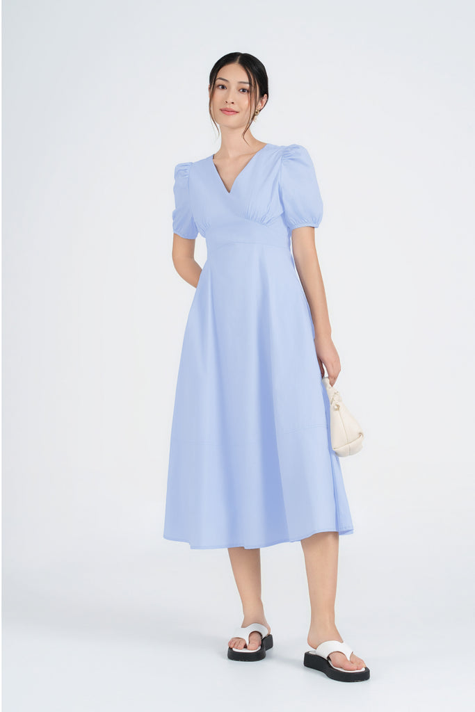 Yacht21, Yacht 21, yacht21, yacht 21, Y21, y21, womenswear, ladieswear, ladies, fashion, clothing, the cotton edit, vacation, holiday, occasion, versatile, comfortable, elegant, feminine, sweet, classic, dress, long dress, midaxi dress, lightweight, breathable, cotton, pockets, sleeves, spring, yellow, pink, blue, Marabelle Cotton Midaxi Dress in Soft Blue