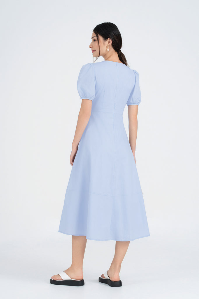 Yacht21, Yacht 21, yacht21, yacht 21, Y21, y21, womenswear, ladieswear, ladies, fashion, clothing, the cotton edit, vacation, holiday, occasion, versatile, comfortable, elegant, feminine, sweet, classic, dress, long dress, midaxi dress, lightweight, breathable, cotton, pockets, sleeves, spring, yellow, pink, blue, Marabelle Cotton Midaxi Dress in Soft Blue