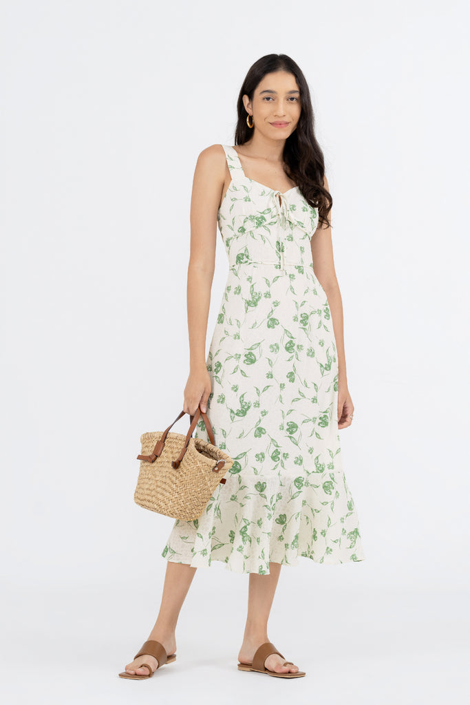 Yacht21, Yacht 21, yacht21, yacht 21, Y21, y21, womenswear, ladieswear, ladies, fashion, clothing, fuss-free, low ironing, casual, easy, versatile, comfortable, elegant, feminine, sweet, classic, dress, midi dress, sleeveless, adjustable, straps, floral, printed, pattern, ribbon tie, occasion, summer, white, Agnes Fit and Flare Tiered Dress