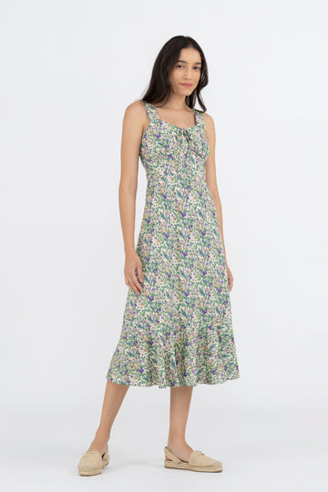 Yacht21, Yacht 21, yacht21, yacht 21, Y21, y21, womenswear, ladieswear, ladies, fashion, clothing, fuss-free, low ironing, casual, easy, versatile, comfortable, elegant, feminine, sweet, classic, dress, midi dress, sleeveless, adjustable, straps, floral, printed, pattern, ribbon tie, adjustable straps, occasion, summer, green, Lindey Tiered Midi Dress