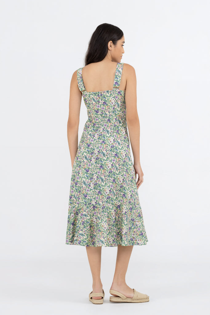 Yacht21, Yacht 21, yacht21, yacht 21, Y21, y21, womenswear, ladieswear, ladies, fashion, clothing, fuss-free, low ironing, casual, easy, versatile, comfortable, elegant, feminine, sweet, classic, dress, midi dress, sleeveless, adjustable, straps, floral, printed, pattern, ribbon tie, adjustable straps, occasion, summer, green, Lindey Tiered Midi Dress