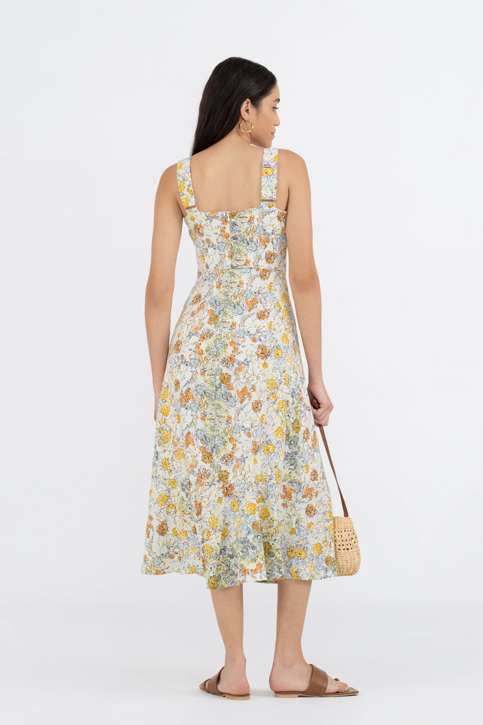 Yacht21, Yacht 21, yacht21, yacht 21, Y21, y21, womenswear, ladieswear, ladies, fashion, clothing, fuss-free, low ironing, casual, easy, versatile, comfortable, elegant, feminine, sweet, classic, dress, midi dress, sleeveless, adjustable, straps, floral, printed, pattern, ribbon tie, adjustable straps, occasion, summer, yellow, Kelly Fit and Flare Tiered Dress