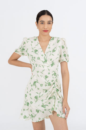 Yacht21, Yacht 21, yacht21, yacht 21, Y21, y21, womenswear, ladieswear, ladies, fashion, clothing, fuss-free, low ironing, wrinkle resistant, casual, easy, versatile, comfortable, prints, printed, pattern, flora, elegant, feminine, sweet, classic, dress, short dress, a-line, v-neck, puff sleeves, delicate, white, summer, Agnes Puff Sleeve Wrap Dress