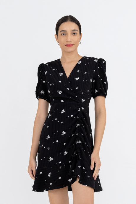Yacht21, Yacht 21, yacht21, yacht 21, Y21, y21, womenswear, ladieswear, ladies, fashion, clothing,  fuss-free, low ironing, wrinkle resistant, casual, easy, versatile, comfortable, prints, printed, pattern, flora, elegant, feminine, sweet, classic, dress, short dress, a-line, v-neck, puff sleeves, delicate, black, summer, Marciel Puff Sleeve Wrap Dress