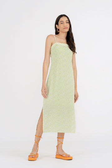 Yacht21, Yacht 21, yacht21, yacht 21, Y21, y21, womenswear, ladieswear, ladies, fashion, clothing, fuss-free, low ironing, casual, easy, versatile, comfortable, elegant, feminine, classic, dress, midi dress, long dress, sleeveless, adjustable, straps, minimal, simple, prints, printed, pattern, side slit, slit, green, purple, Delilah Strap Column Dress in Lush Green