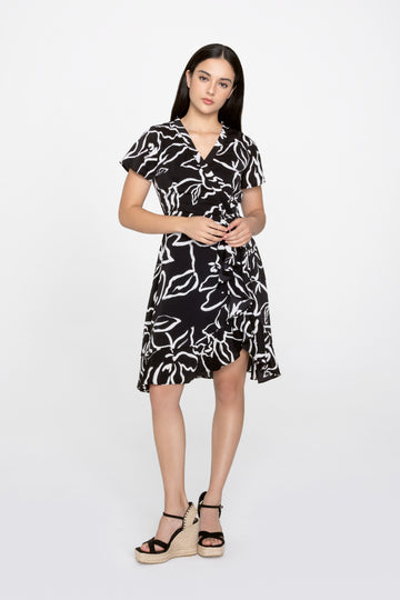 Yacht21, Yacht 21, yacht21, yacht 21, Y21, y21, womenswear, ladieswear, ladies, fashion, clothing, urban resort, urban wardrobe, fuss-free, low ironing, casual, easy, versatile, comfortable, sleeves, floral, print, pattern, airy, light, lightweight, dress, short dress, faux wrap, details, black, blue, Luisa Printed Wrap Dress in Kohl Black