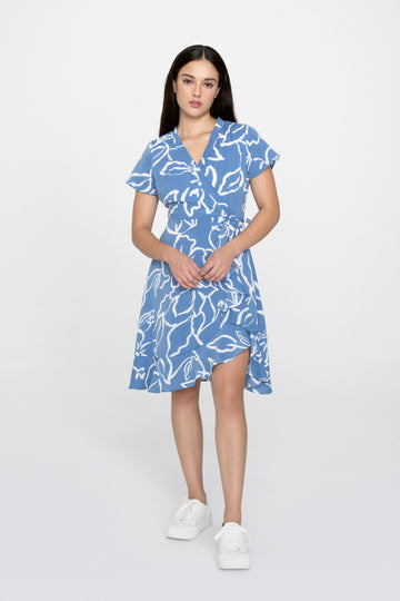 Yacht21, Yacht 21, yacht21, yacht 21, Y21, y21, womenswear, ladieswear, ladies, fashion, clothing, urban resort, urban wardrobe, fuss-free, low ironing, casual, easy, versatile, comfortable, sleeves, floral, print, pattern, airy, light, lightweight, dress, short dress, faux wrap, details, black, blue, Luisa Printed Wrap Dress in Tufts Blue