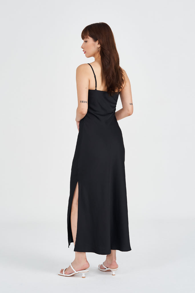 Yacht21, Yacht 21, yacht21, yacht 21, Y21, y21, womenswear, ladieswear, ladies, fashion, clothing, urban resort, party, event, versatile, comfortable, classic, elegant, occasion, sleeveless, feminine, minimal, classic, adjustable straps, slit, dress, maxi, maxi dress, black, Karlie Column Maxi Dress