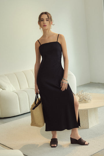 Yacht21, Yacht 21, yacht21, yacht 21, Y21, y21, womenswear, ladieswear, ladies, fashion, clothing, urban resort, party, event, versatile, comfortable, classic, elegant, occasion, sleeveless, feminine, minimal, classic, adjustable straps, slit, dress, maxi, maxi dress, black, Karlie Column Maxi Dress