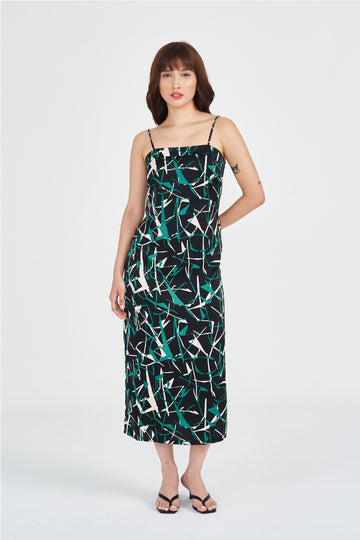 Yacht21, Yacht 21, yacht21, yacht 21, Y21, y21, womenswear, ladieswear, ladies, fashion, clothing, urban resort, party, event, versatile, comfortable, classic, elegant, occasion, sleeveless, feminine, minimal, classic, adjustable straps, pattern, printed, dress, midi, midi dress, black, Nixe Printed Midi Dress