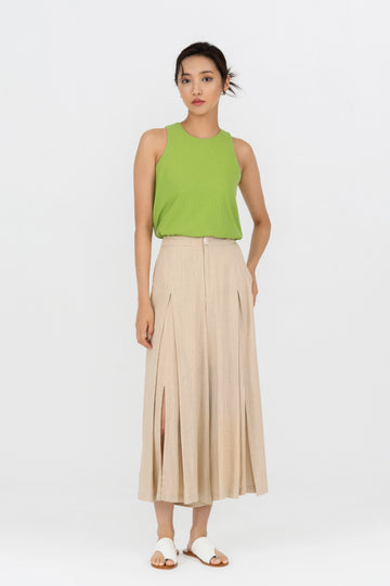 Yacht21, Yacht 21, yacht21, yacht 21, Y21, y21, womenswear, ladieswear, ladies, fashion, clothing, casual, easy, versatile, comfortable, classic, basic, pants, bottoms, slit hem, wide-leg, linen, beige, beige, easy, easy to match, pockets, sleek, Esther Front Slit Pleated Linen Pants