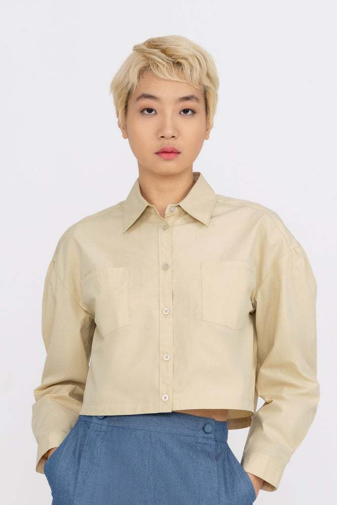 Yacht21, Yacht 21, yacht21, yacht 21, Y21, y21, womenswear, ladieswear, ladies, fashion, clothing, top, long sleeves, shirt, drop shoulder, button down front, essential, versatile, classic, timeless, minimalistic, contemporary, escape edit, cropped, beige, Flynn Cropped Cotton Shirt